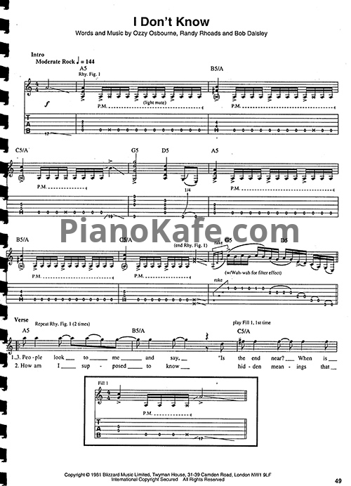 Ноты Ozzy Osbourne - I don't know (Guitar Tabs & Voice) - PianoKafe.com