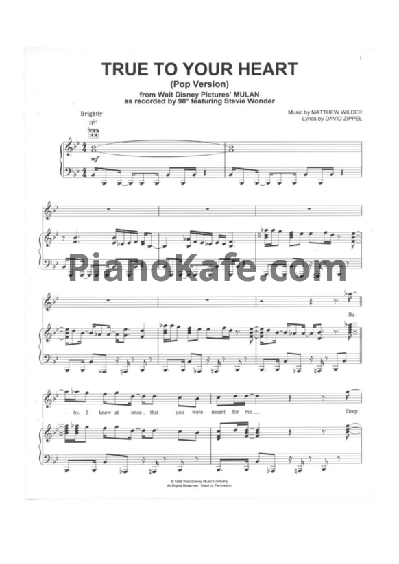 Ноты 98 Degrees ft. Stevie Wonder - True to your heart - PianoKafe.com
