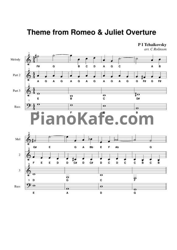 Ноты П. Чайковский - Tема из увертюры "Ромео и Джульетта" - PianoKafe.com