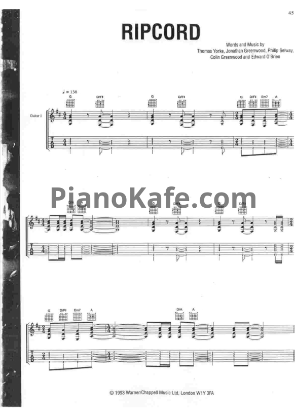 Ноты Radiohead - Ripcord - PianoKafe.com
