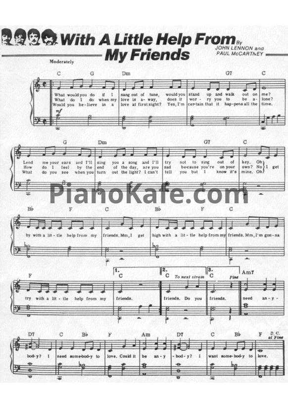 Ноты The Beatles - With a little help from my friends (Piano solo) - PianoKafe.com