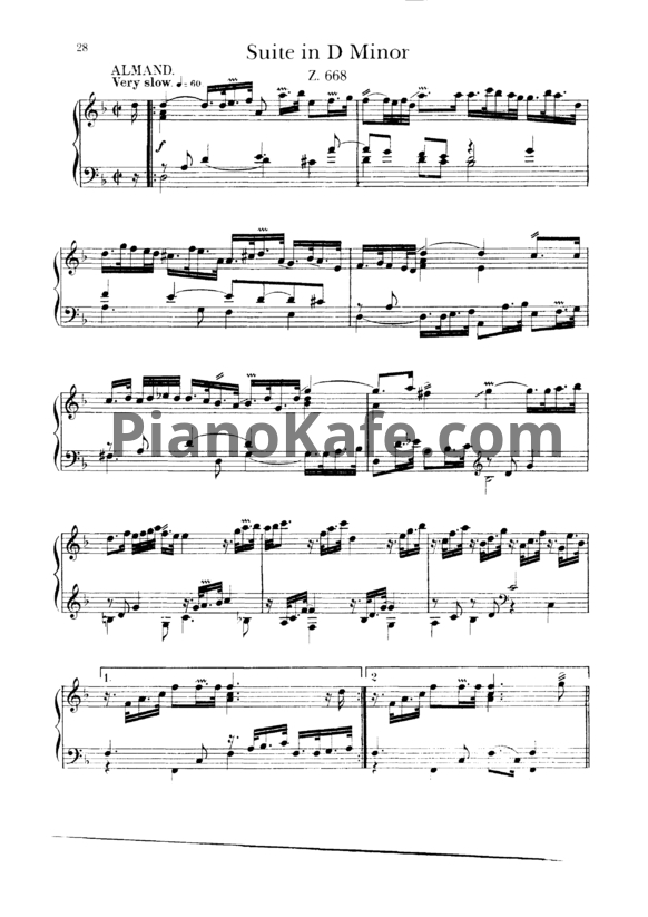 Ноты Генри Пёрселл - Сюита для клавесина № 7 ре минор (Z 668) - PianoKafe.com