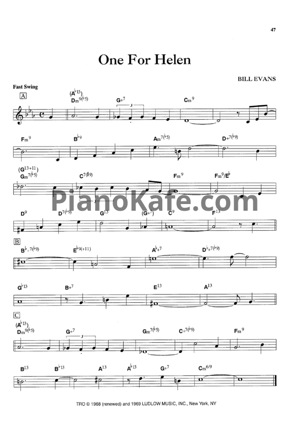 Ноты Bill Evans - One for helen - PianoKafe.com