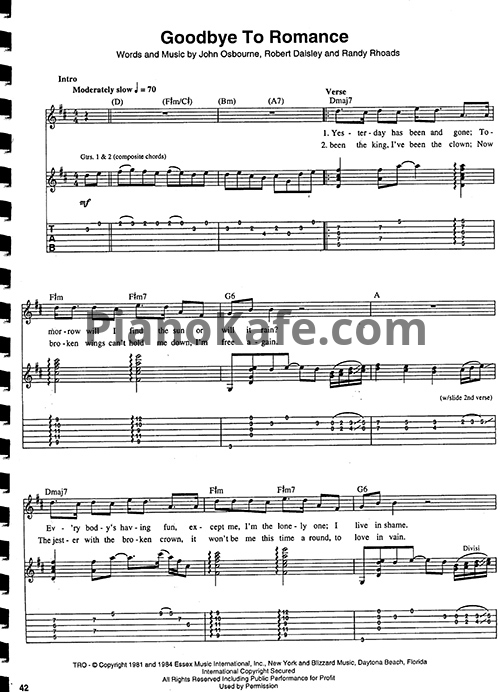 Ноты Ozzy Osbourne - Goodbye to romance (Guitar Tabs & Voice) - PianoKafe.com