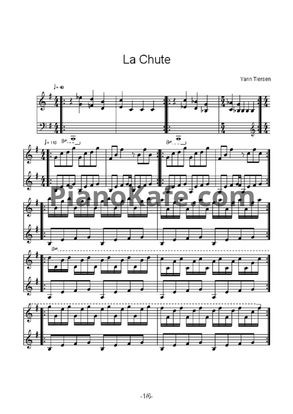 Ноты Yann Tiersen - La chute - PianoKafe.com