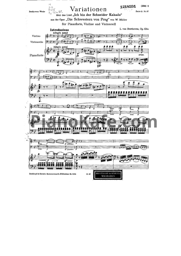 Ноты Л. В. Бетховен - 10 Вариаций для фортепианного трио на тему Мюллера соль мажор (1803) (OP.121A) - PianoKafe.com