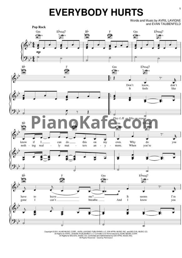 Ноты Avril Lavigne - Everybody hurts - PianoKafe.com