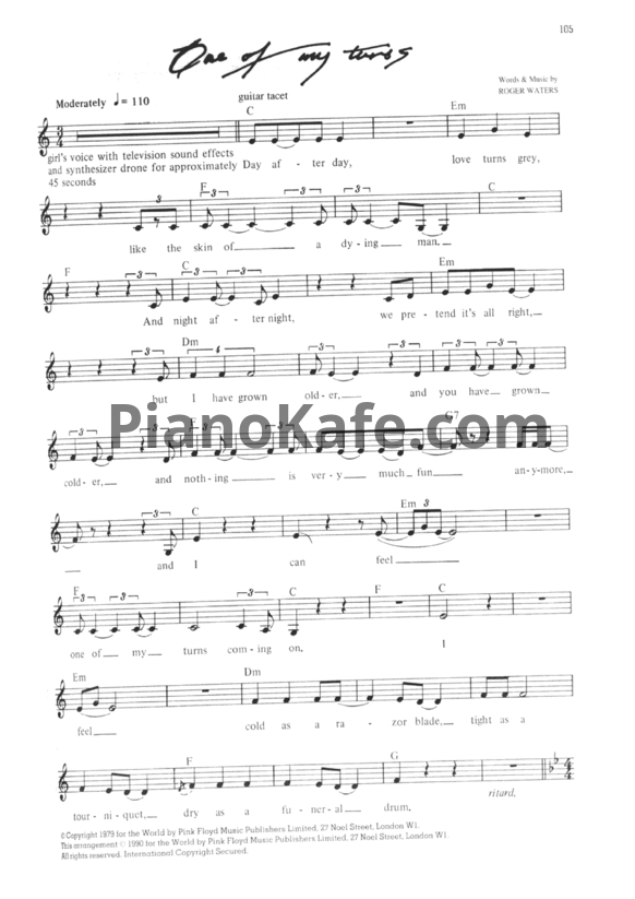 Ноты Pink Floyd - One of my turns (Guitar tabs) - PianoKafe.com