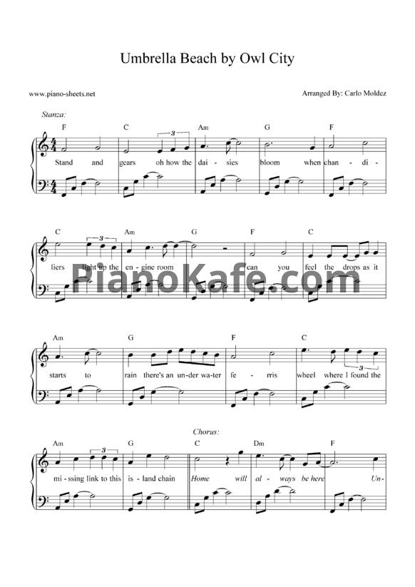 Ноты Owl City - Umbrella Beach - PianoKafe.com