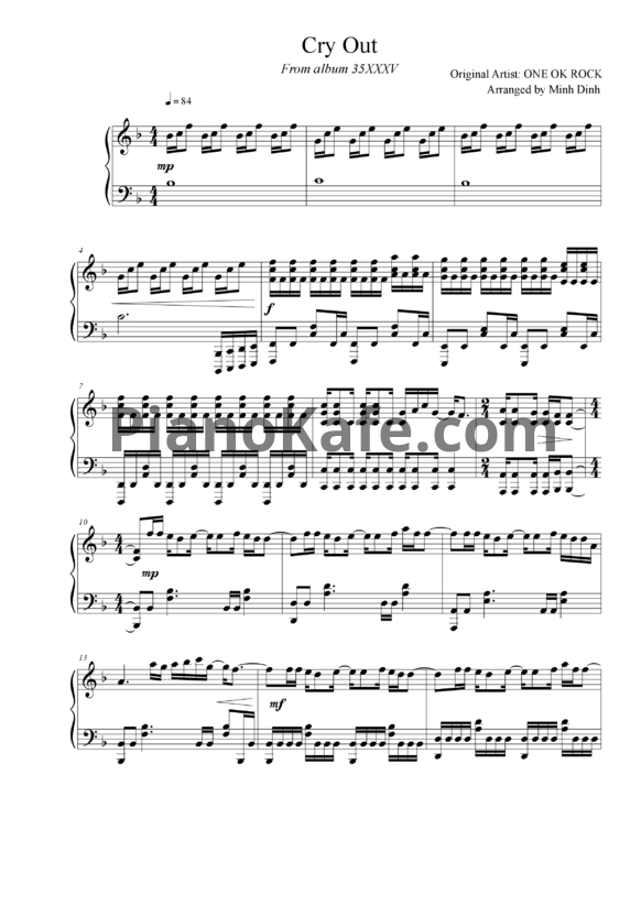 Ноты One Ok Rock - Cry out - PianoKafe.com