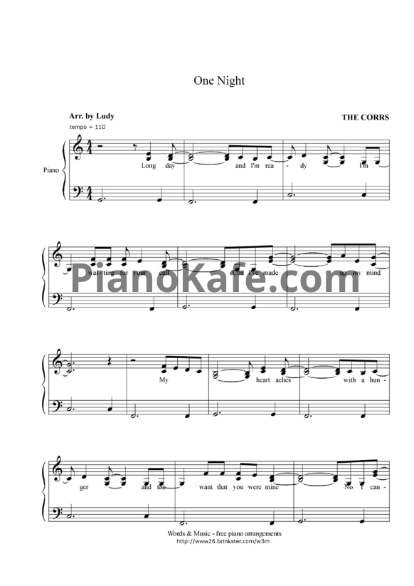 Ноты The Corrs - One night - PianoKafe.com