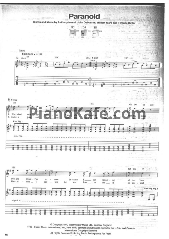 Ноты Black Sabbath - Paranoid (Guitar tabs & Voice) - PianoKafe.com