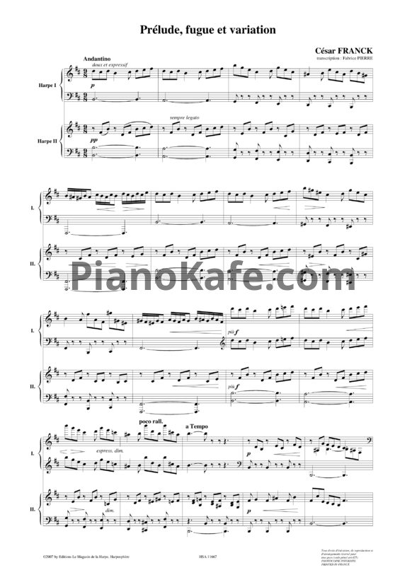 Ноты Сезар Франк - Прелюдия, фуга и вариация (Оp.18). Переложение для 2 арф - PianoKafe.com