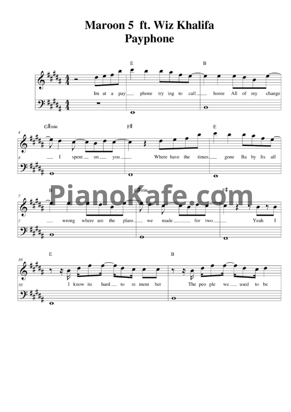 Ноты Maroon 5 ft. Wiz Khalifa - Payphone - PianoKafe.com