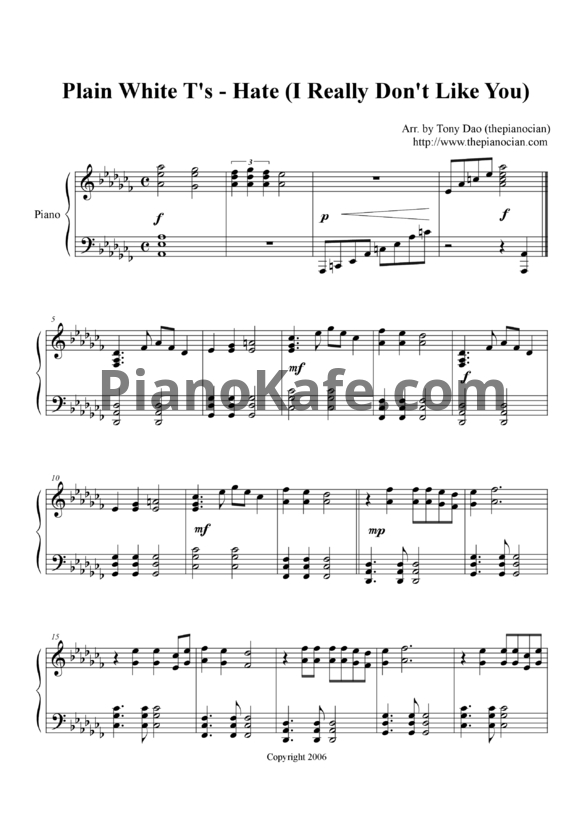Ноты Plain White T's - Hate (I really don't like you) - PianoKafe.com