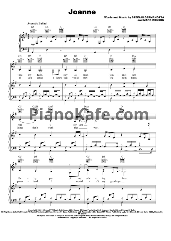 Ноты Lady Gaga - Joanne - PianoKafe.com