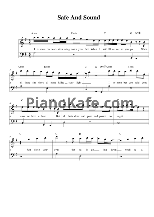 Ноты Taylor Swift - Safe and sound - PianoKafe.com