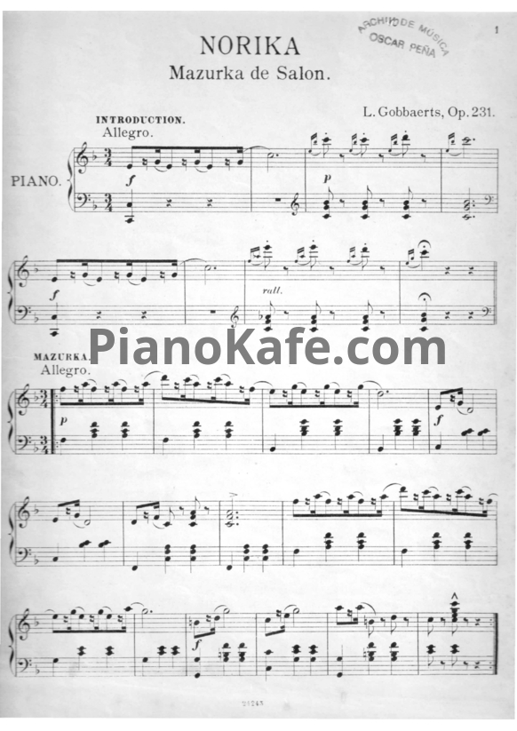 Ноты Л. Гоббартс - Норика. Салонная мазурка для фортепиано (Op. 231) - PianoKafe.com