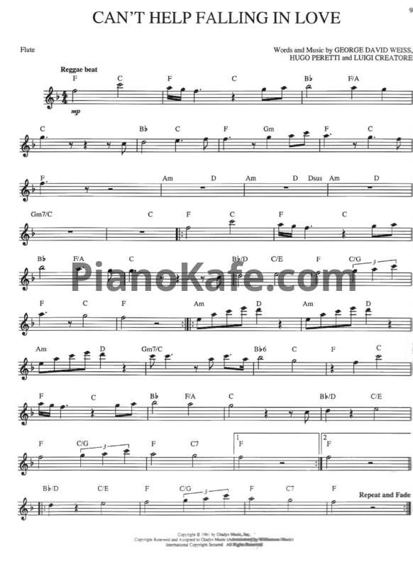 Ноты UB40 - Can't help falling in love (Переложение для флейты) - PianoKafe.com