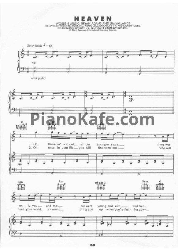 Ноты Bryan Adams - Heaven - PianoKafe.com