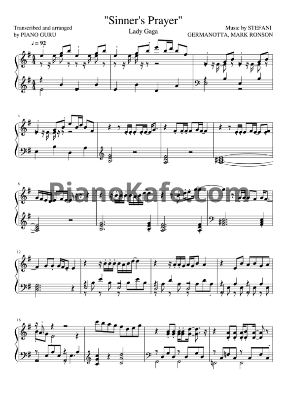 Ноты Lady Gaga - Sinner's prayer - PianoKafe.com