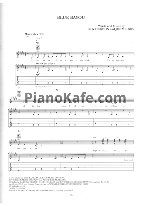 Ноты Roy Orbison - Blue  bayou - PianoKafe.com
