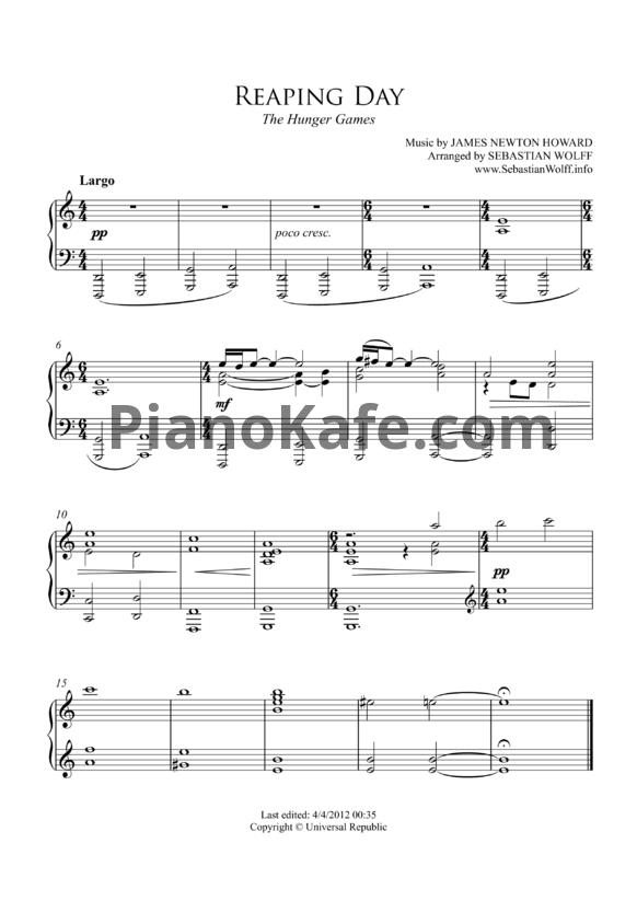 Ноты James Newton Howard - Reaping day - PianoKafe.com
