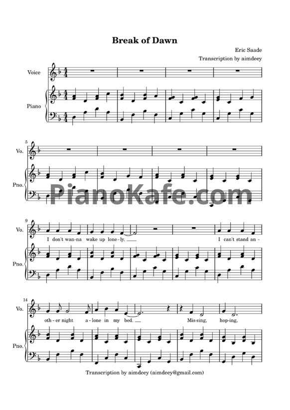 Ноты Eric Saade - Break of dawn - PianoKafe.com