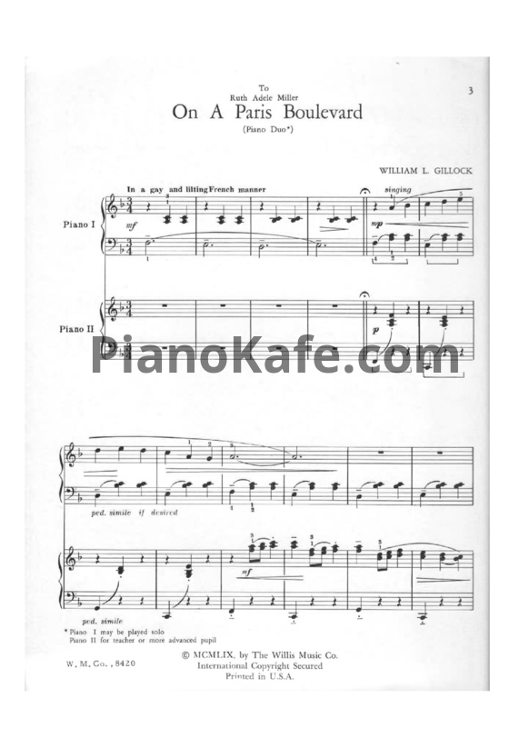 Ноты William Gillock - On a Paris boulevard (для 2 фортепиано в 4 руки) - PianoKafe.com