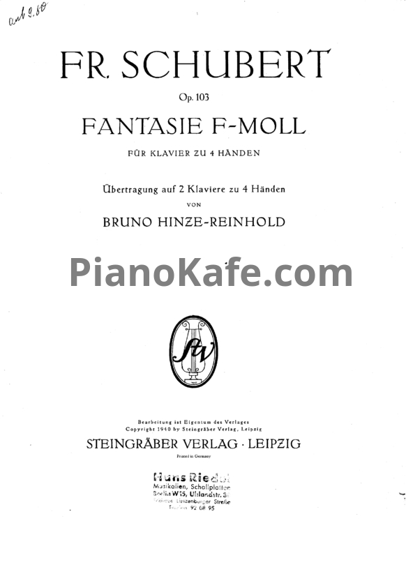 Ноты Франц Шуберт - Фантазия фа минор (Op. 103) для 2 фортепиано - PianoKafe.com