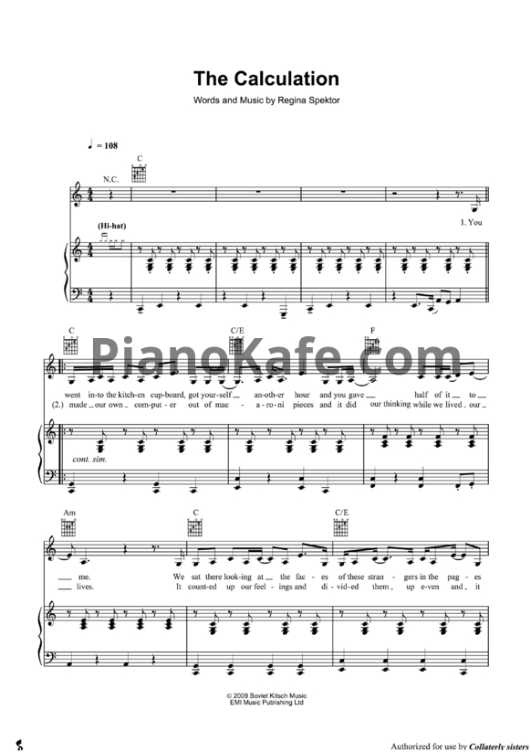 Ноты Regina Spektor - The calculation - PianoKafe.com