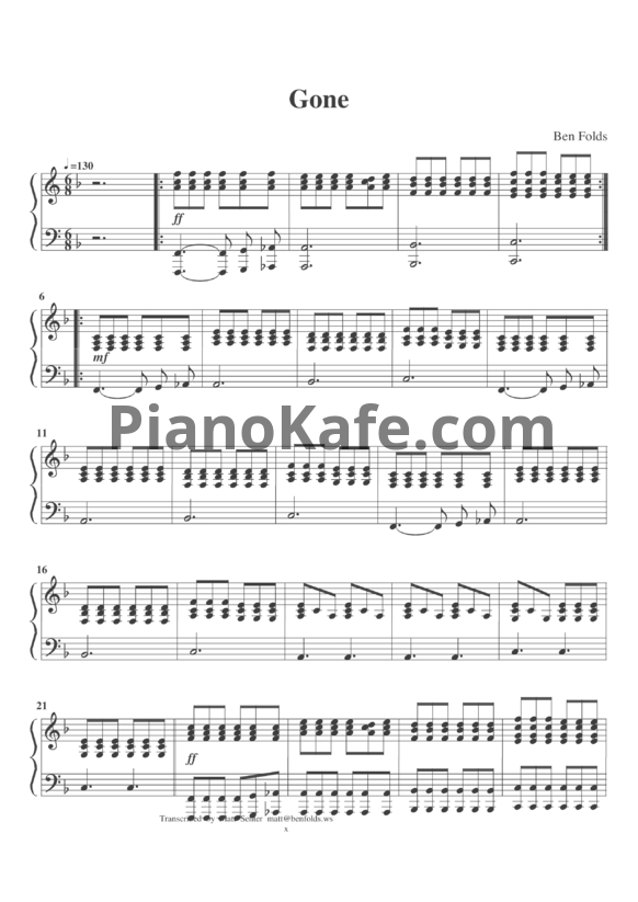 Ноты Ben Folds - Gone - PianoKafe.com