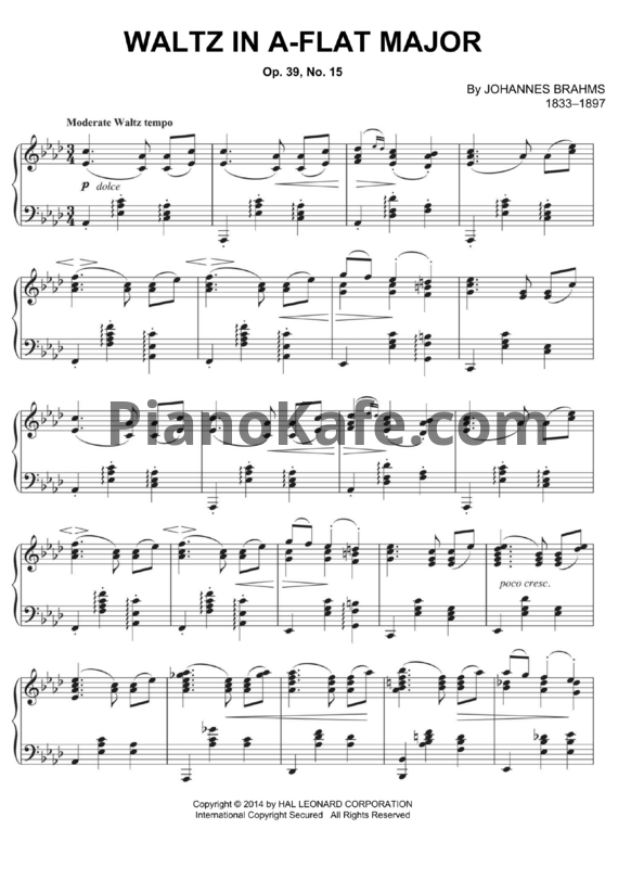 Ноты Иоганнес Брамс - Вальс ля-бемоль мажор (Op. 39, №15) - PianoKafe.com