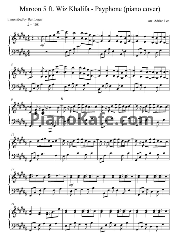 Ноты Maroon 5 - Payphone (Adrian Lee version) - PianoKafe.com