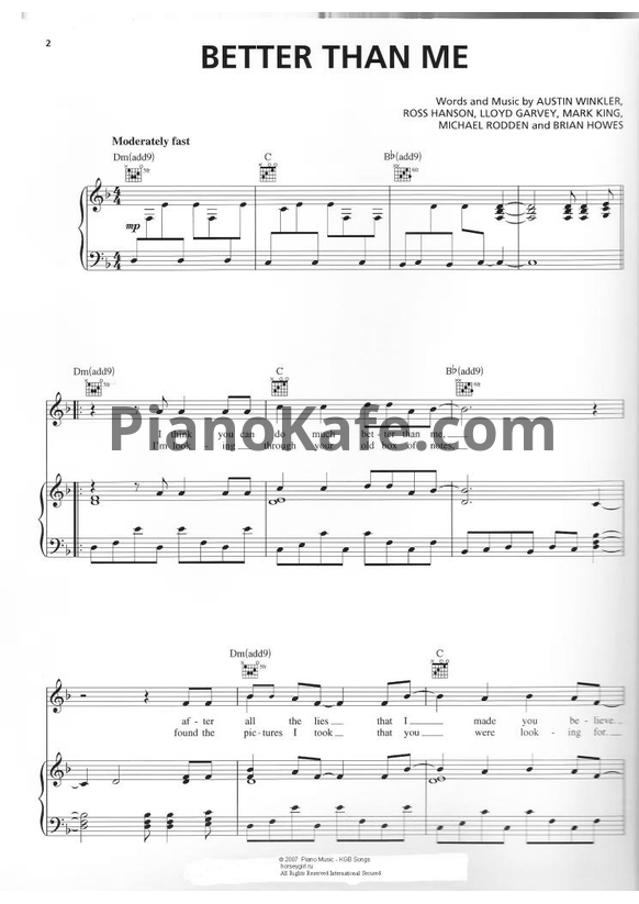 Ноты Hinder - Better than me - PianoKafe.com
