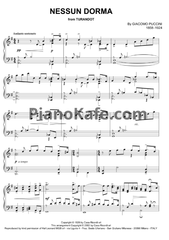 Ноты Giacomo Puccini - Nessun dorma - PianoKafe.com