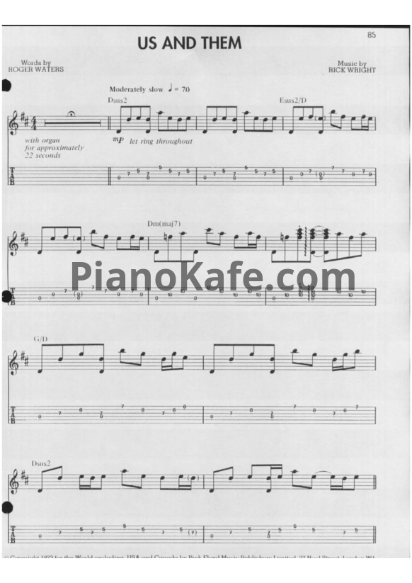 Ноты Pink Floyd - Us and them (Guitar tabs) - PianoKafe.com