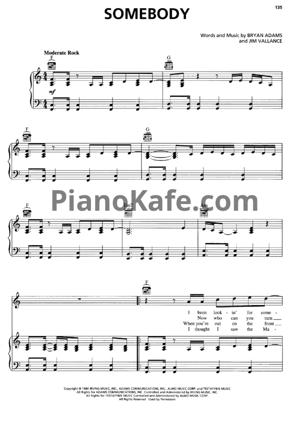 Ноты Bryan Adams - Somebody - PianoKafe.com