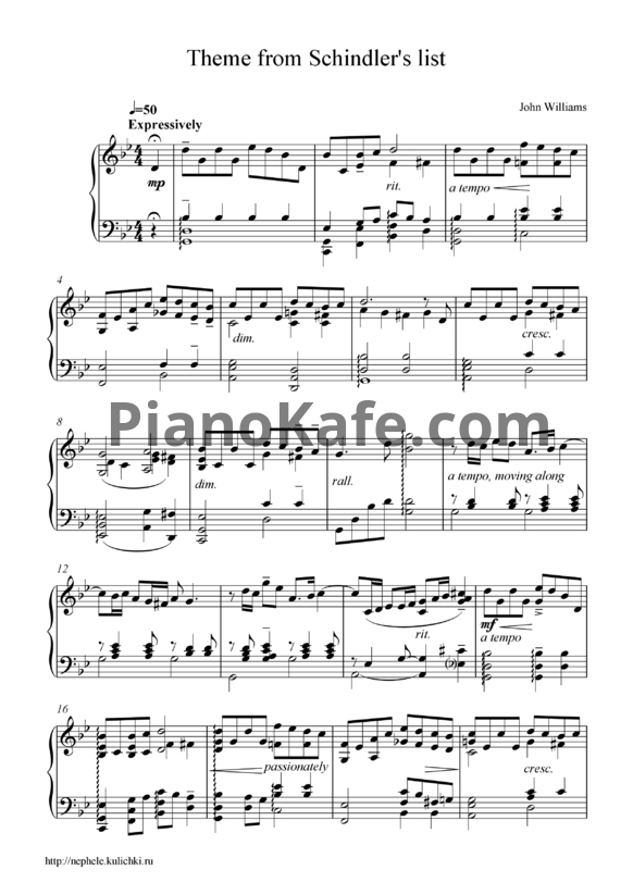 Ноты John Williams - Schindler's list theme - PianoKafe.com