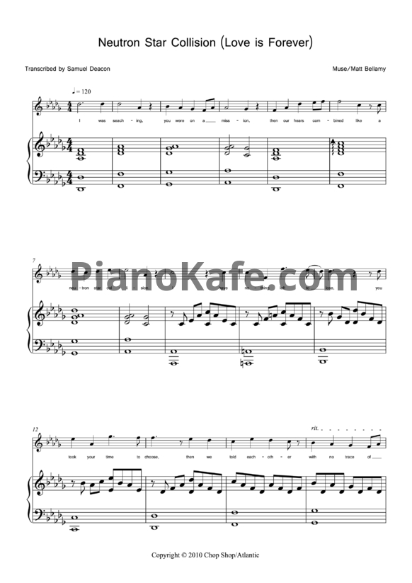 Ноты Muse - Neutron star collision (Love is forever) - PianoKafe.com