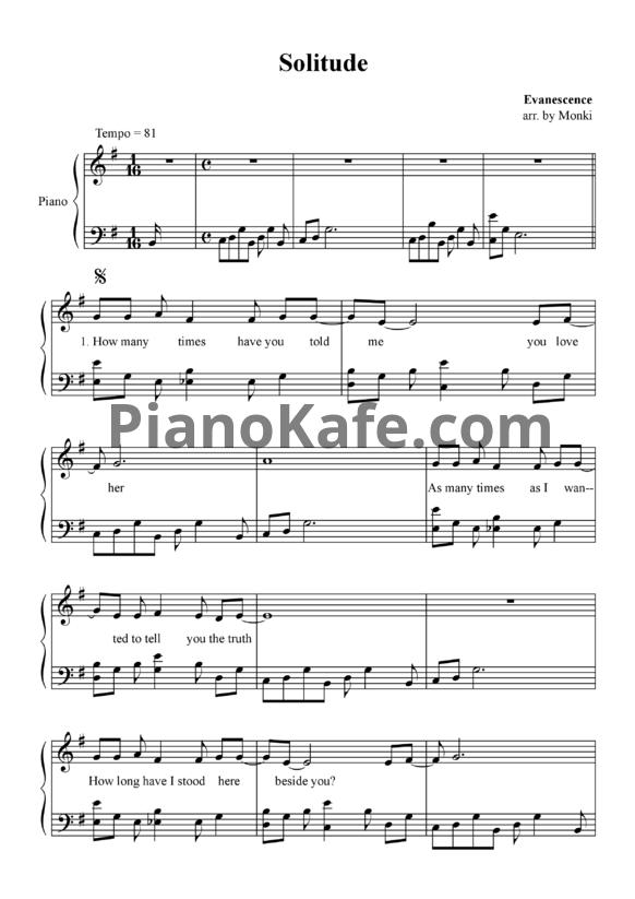 Ноты Evanescence - Solitude - PianoKafe.com