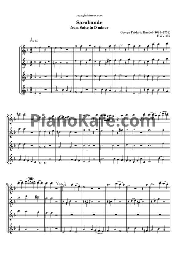 Ноты Георг Гендель - Sarabande from Suite in D minor (HWV 437) - PianoKafe.com