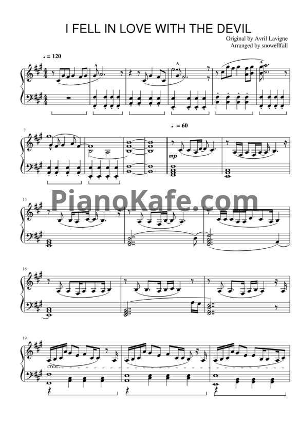 Ноты Avril Lavigne - I fell in love with the devil - PianoKafe.com