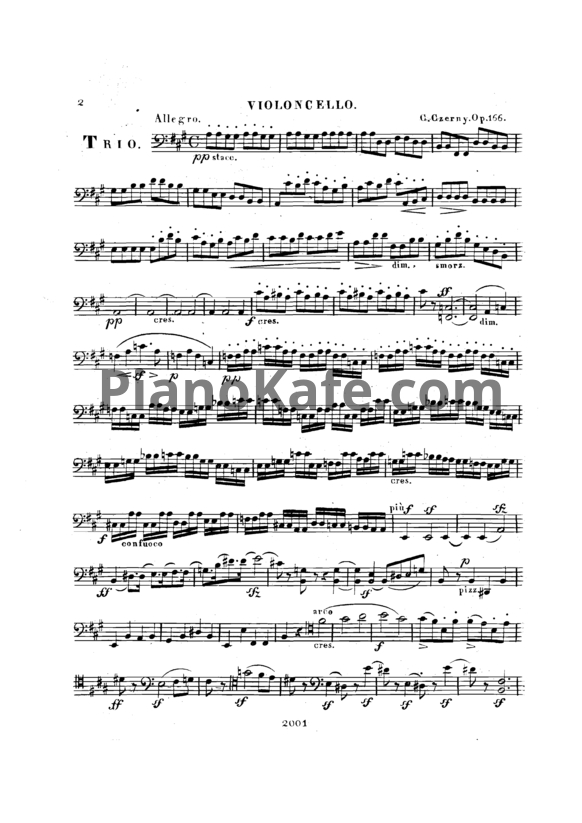 Ноты Карл Черни - Фортепианное трио No.2 (Op. 166). Партия виолончели - PianoKafe.com