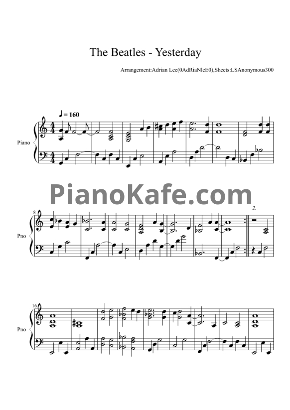 Ноты The Beatles - Yesterday (Adrian Lee version) - PianoKafe.com