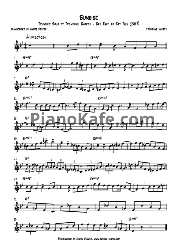 Ноты Trombone Shorty - Sunrise - PianoKafe.com