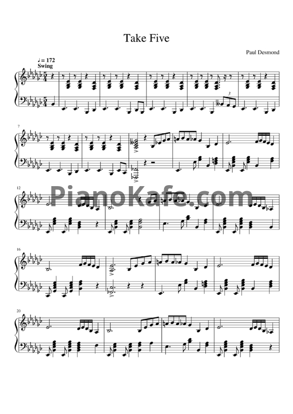 Ноты Paul Desmond - Take five (Piano solo) - PianoKafe.com