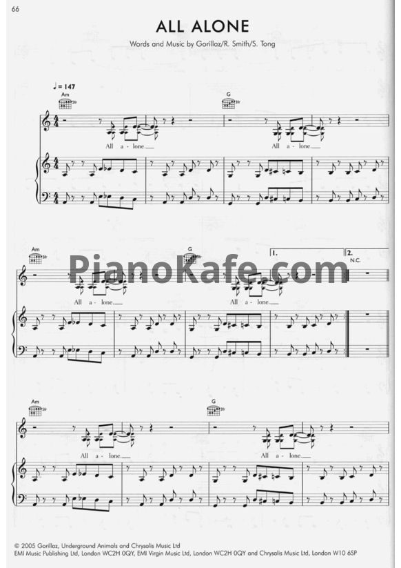 Ноты Gorillaz - All alone - PianoKafe.com