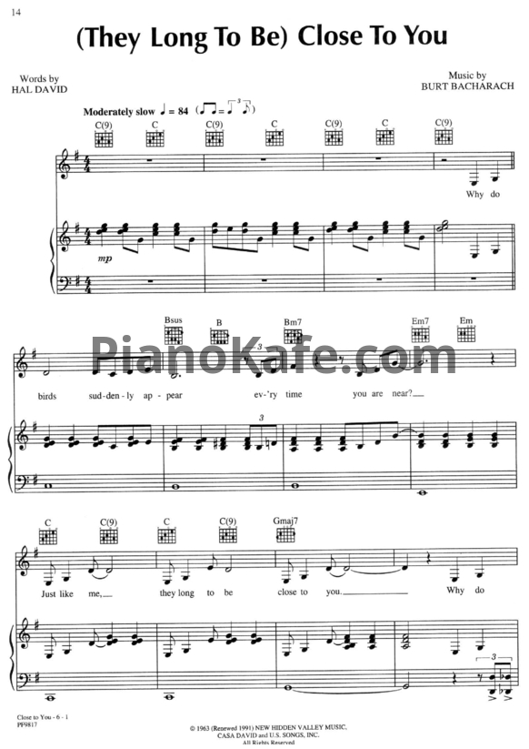 Ноты The Carpenters - (They long to be) Close to you - PianoKafe.com