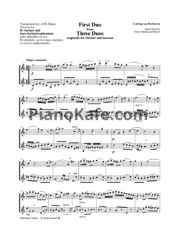 Ноты Л. В. Бетховен - First Duo from Three Duos Bb major - PianoKafe.com